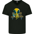 An Alien Eating Magic Mushrooms LSD Mens V-Neck Cotton T-Shirt Black