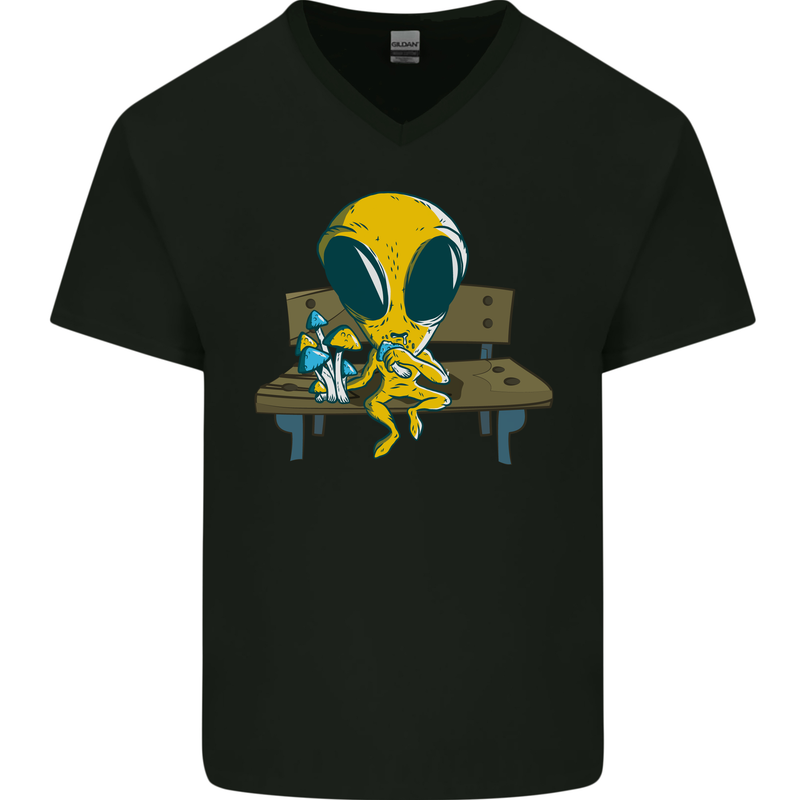 An Alien Eating Magic Mushrooms LSD Mens V-Neck Cotton T-Shirt Black