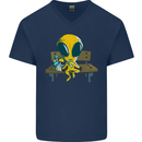 An Alien Eating Magic Mushrooms LSD Mens V-Neck Cotton T-Shirt Navy Blue
