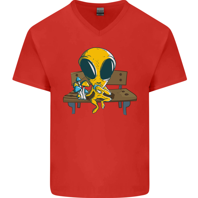 An Alien Eating Magic Mushrooms LSD Mens V-Neck Cotton T-Shirt Red