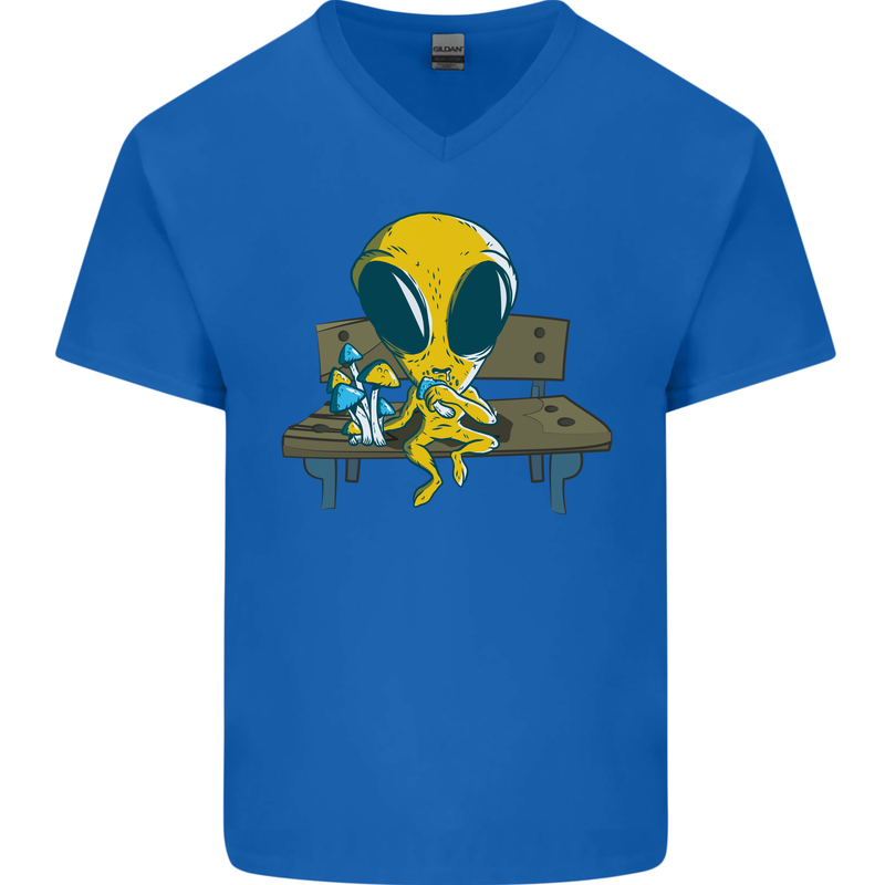 An Alien Eating Magic Mushrooms LSD Mens V-Neck Cotton T-Shirt Royal Blue
