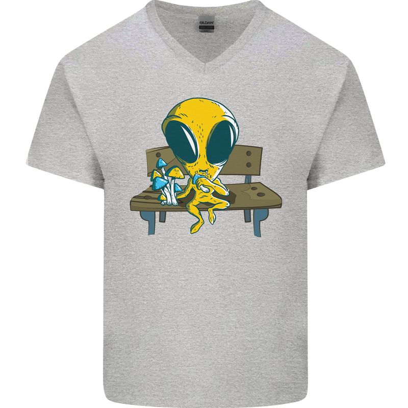 An Alien Eating Magic Mushrooms LSD Mens V-Neck Cotton T-Shirt Sports Grey