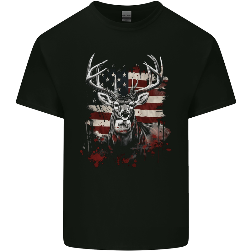 An American Deer With Flag USA Hunting Mens Cotton T-Shirt Tee Top Black
