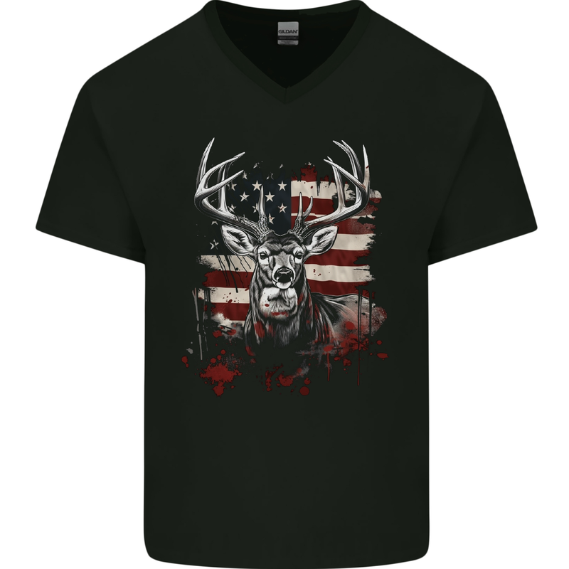 An American Deer With Flag USA Hunting Mens V-Neck Cotton T-Shirt Black