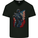 An American Soldier With USA Flag Army Marine Mens V-Neck Cotton T-Shirt Black