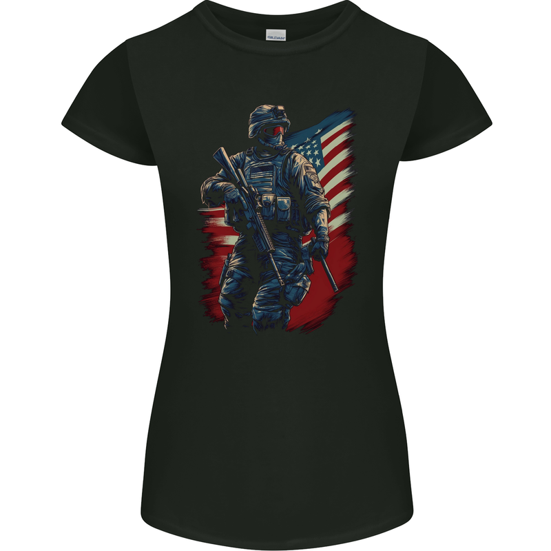 An American Soldier With USA Flag Army Marine Womens Petite Cut T-Shirt Black