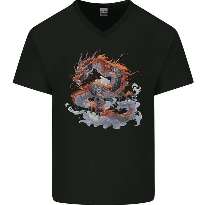 An Ancient Dragon on a Cloud Mens V-Neck Cotton T-Shirt Black