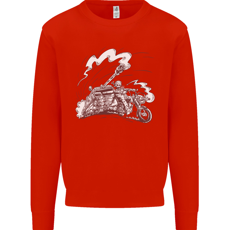 An Army Biker With Tank Skull Motorcycle Kids Sweatshirt Jumper Bright Red