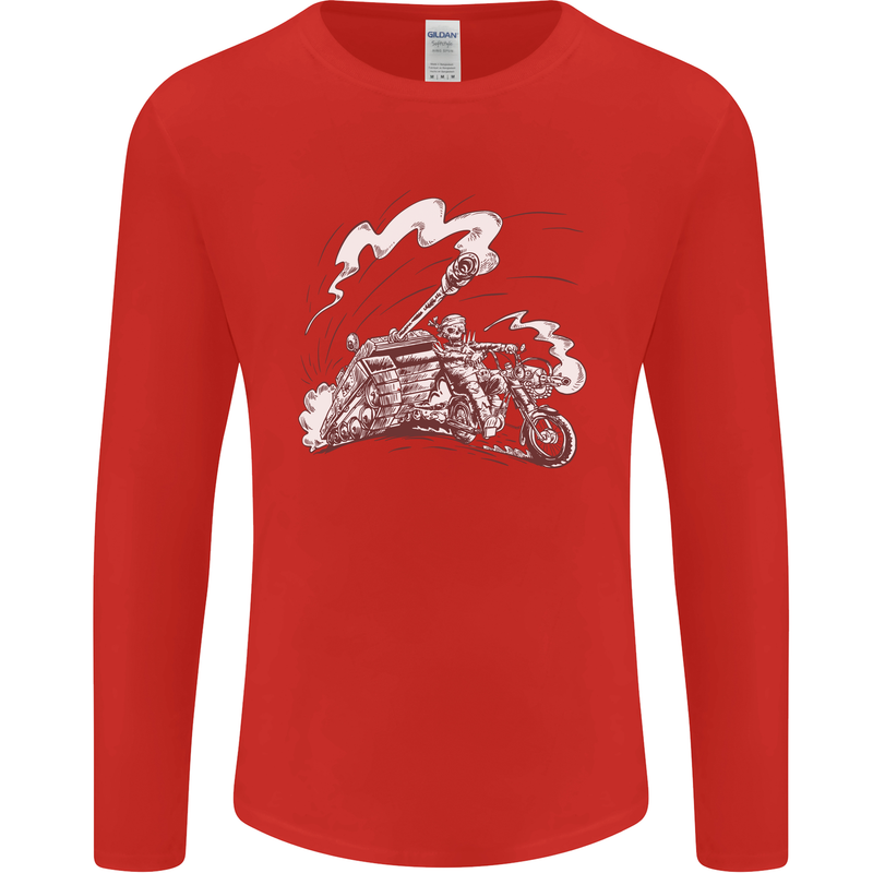 An Army Biker With Tank Skull Motorcycle Mens Long Sleeve T-Shirt Red