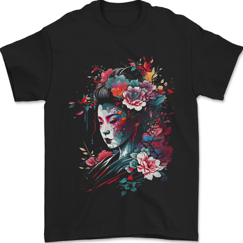 An Artistic Geisha Lady With Flowers Mens T-Shirt 100% Cotton Black