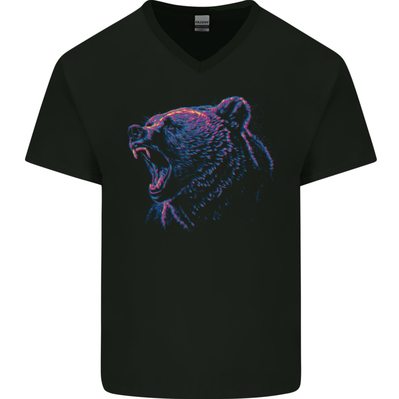An Artistic Roaring Grizzly Bear Mens V-Neck Cotton T-Shirt Black