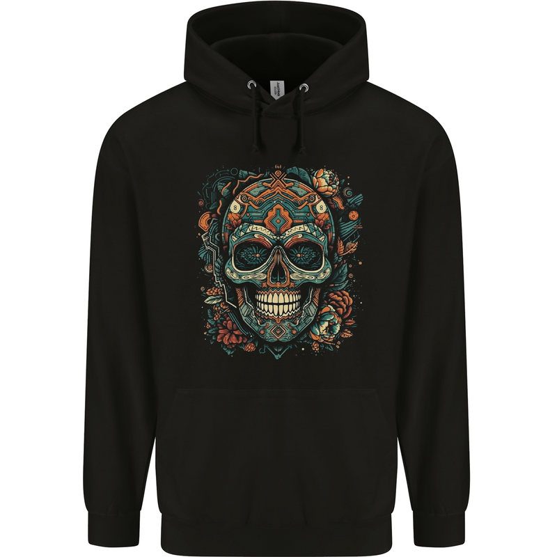 An Aztec Skull Mexico Mens 80% Cotton Hoodie Black