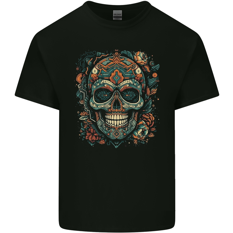 An Aztec Skull Mexico Mens Cotton T-Shirt Tee Top Black