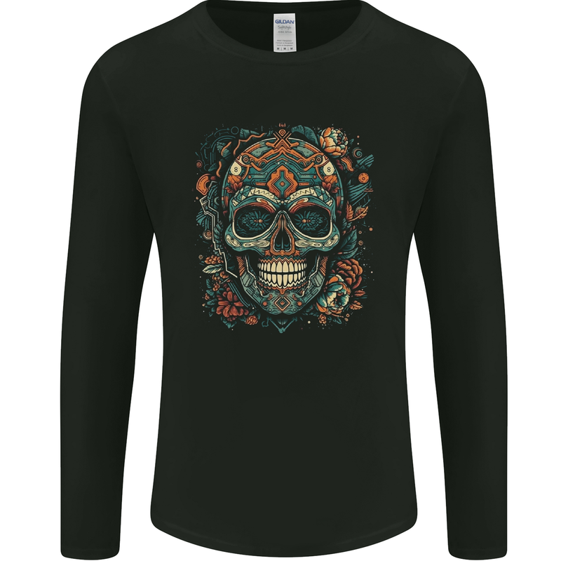 An Aztec Skull Mexico Mens Long Sleeve T-Shirt Black
