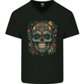 An Aztec Skull Mexico Mens V-Neck Cotton T-Shirt Black