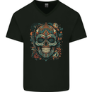 An Aztec Skull Mexico Mens V-Neck Cotton T-Shirt Black
