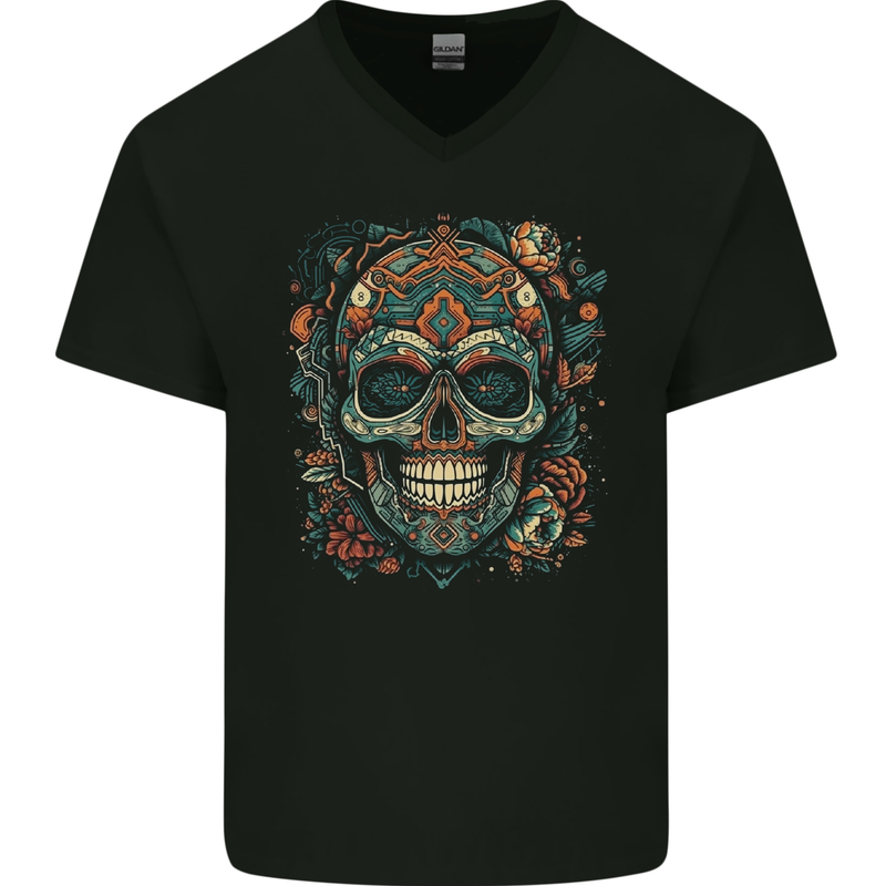 An Aztec Skull Mexico Mens V-Neck Cotton T-Shirt Black