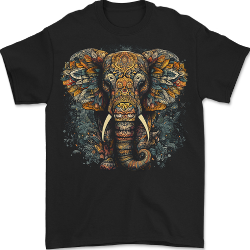 An Elephant With Tribal Markings Mens T-Shirt 100% Cotton BLACK