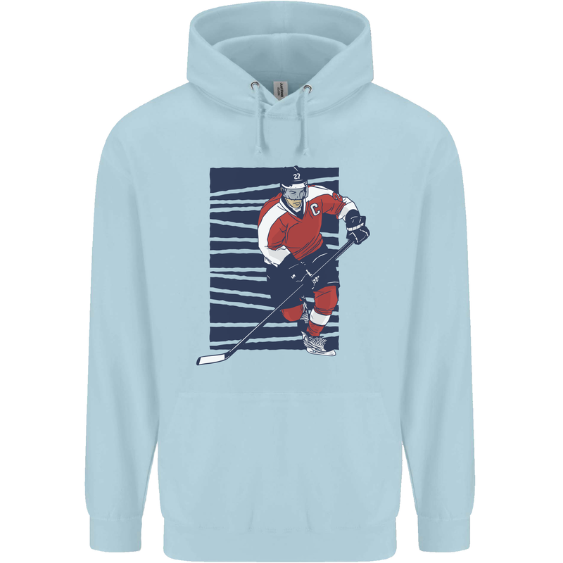 An Ice Hockey Player Mens 80% Cotton Hoodie Light Blue
