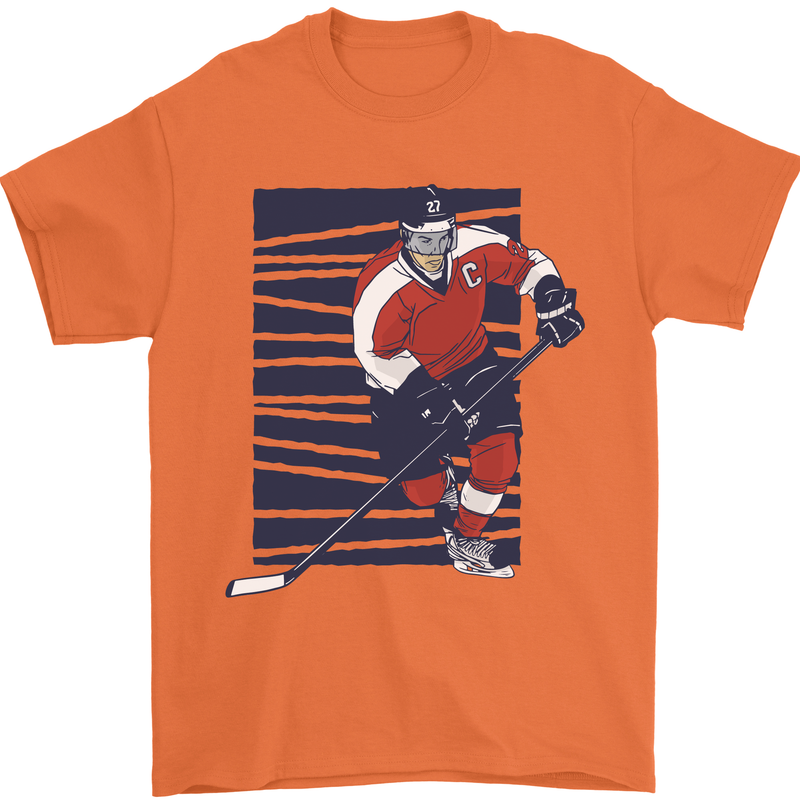 An Ice Hockey Player Mens T-Shirt 100% Cotton Orange