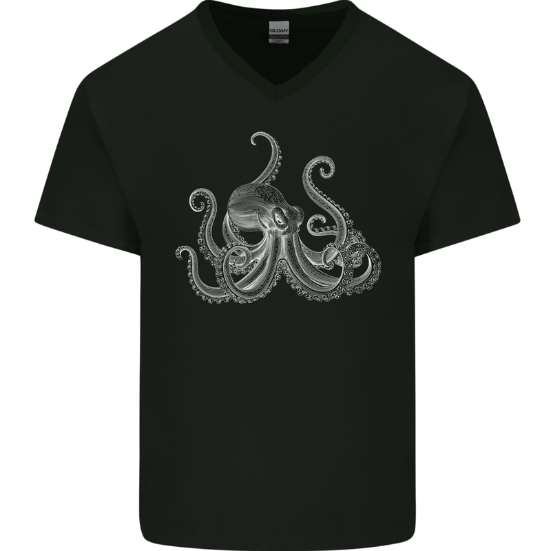 An Octopus Scuba Diver Deep Sea Diving Mens V-Neck Cotton T-Shirt Black
