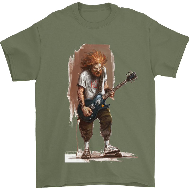 An Old Rocker With an Electric Guitar Rock Music Mens T-Shirt 100% Cotton Military Green