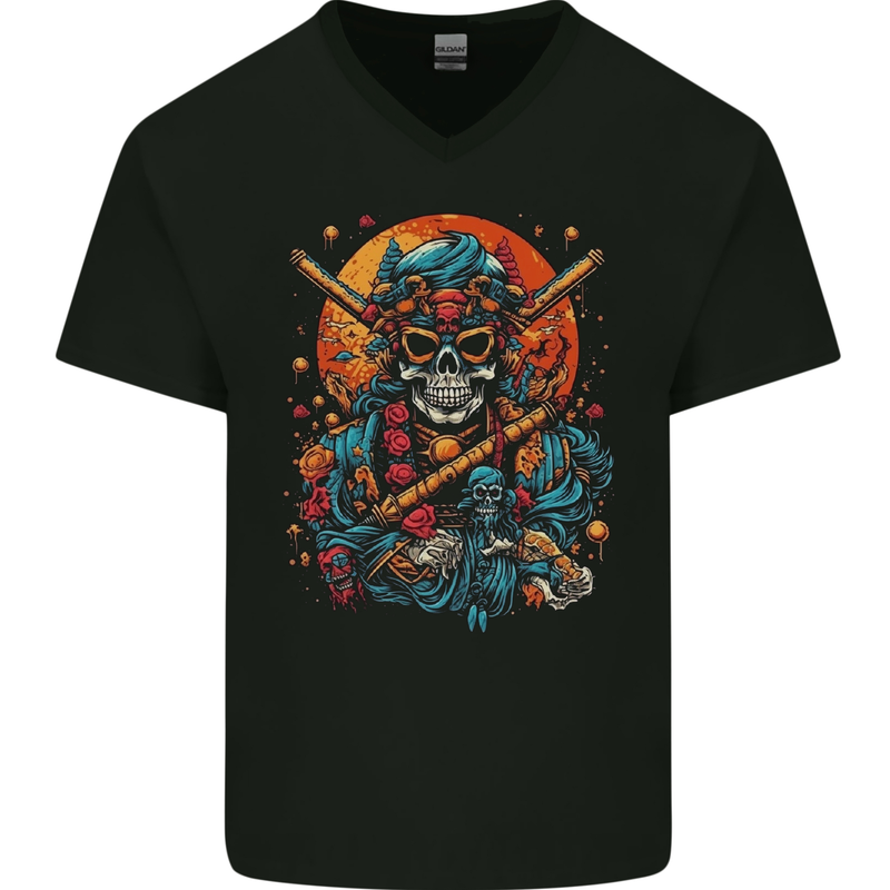 An Oriental Samurai Skull MMA Martial Arts Mens V-Neck Cotton T-Shirt Black