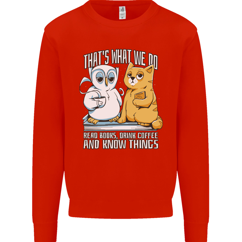 An Owl & Cat Book Reading Bibliophile Kids Sweatshirt Jumper Bright Red