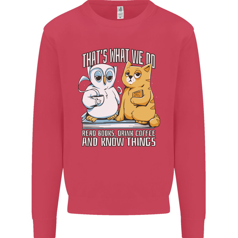An Owl & Cat Book Reading Bibliophile Kids Sweatshirt Jumper Heliconia
