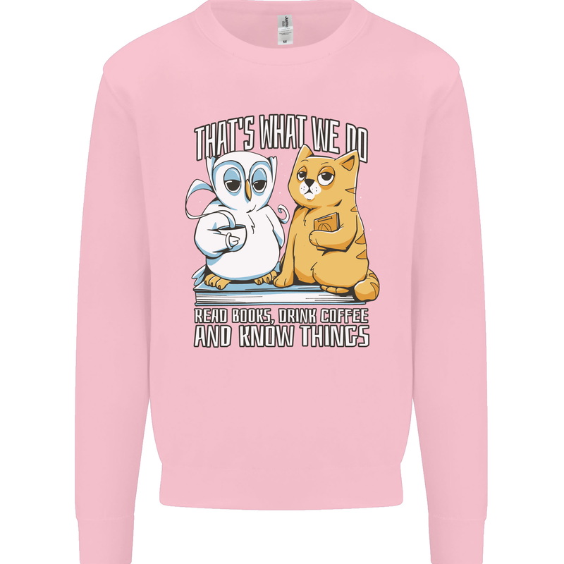 An Owl & Cat Book Reading Bibliophile Kids Sweatshirt Jumper Light Pink