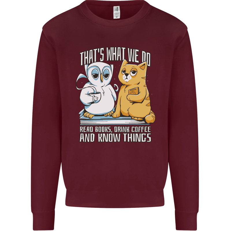 An Owl & Cat Book Reading Bibliophile Kids Sweatshirt Jumper Maroon