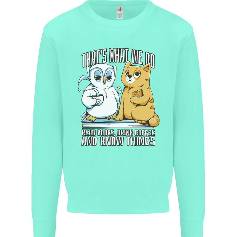An Owl & Cat Book Reading Bibliophile Kids Sweatshirt Jumper Peppermint