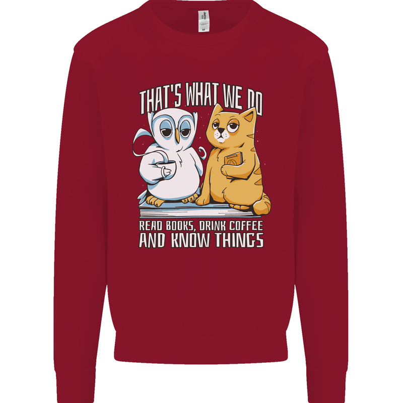 An Owl & Cat Book Reading Bibliophile Kids Sweatshirt Jumper Red