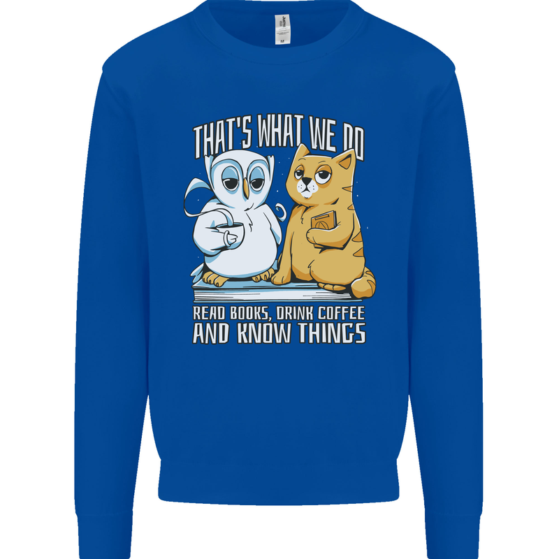 An Owl & Cat Book Reading Bibliophile Kids Sweatshirt Jumper Royal Blue