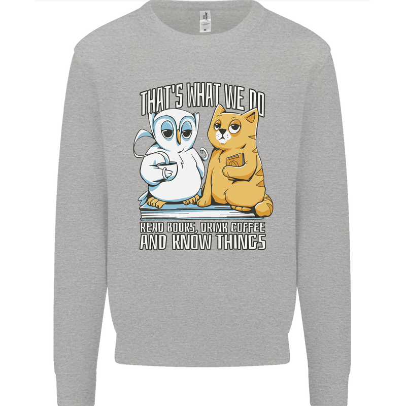 An Owl & Cat Book Reading Bibliophile Kids Sweatshirt Jumper Sports Grey