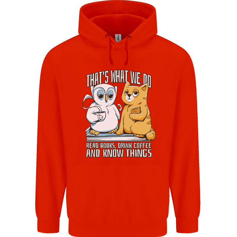An Owl & Cat Book Reading Bibliophile Mens 80% Cotton Hoodie Bright Red