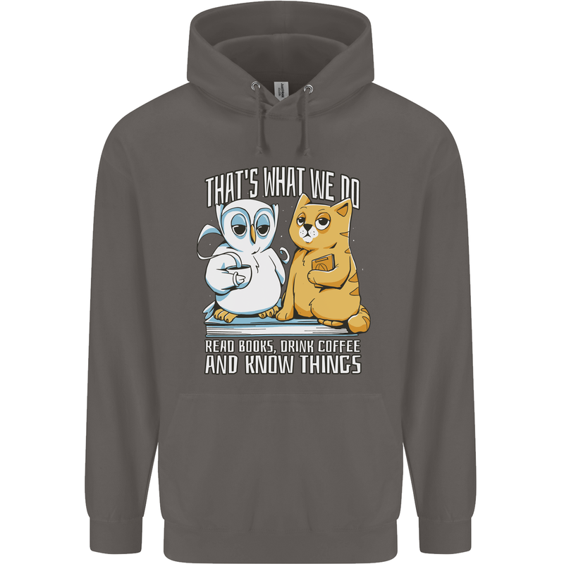 An Owl & Cat Book Reading Bibliophile Mens 80% Cotton Hoodie Charcoal