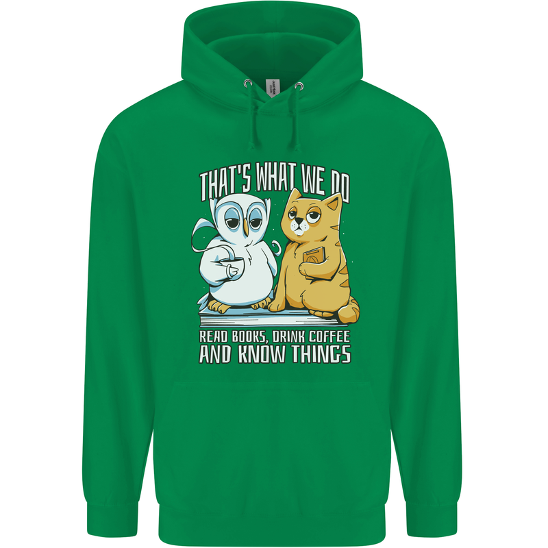 An Owl & Cat Book Reading Bibliophile Mens 80% Cotton Hoodie Irish Green