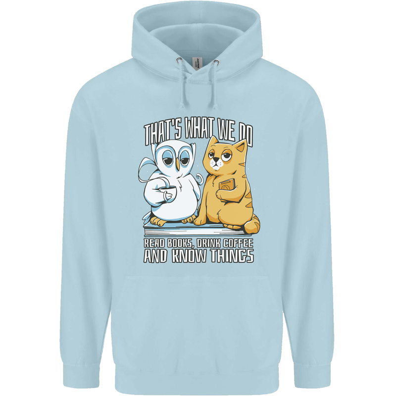 An Owl & Cat Book Reading Bibliophile Mens 80% Cotton Hoodie Light Blue