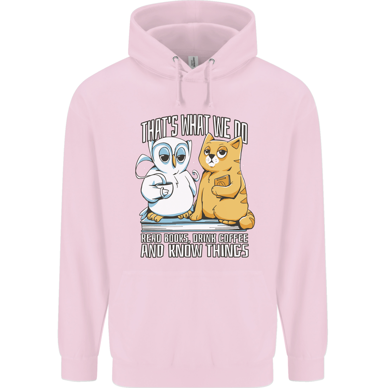 An Owl & Cat Book Reading Bibliophile Mens 80% Cotton Hoodie Light Pink