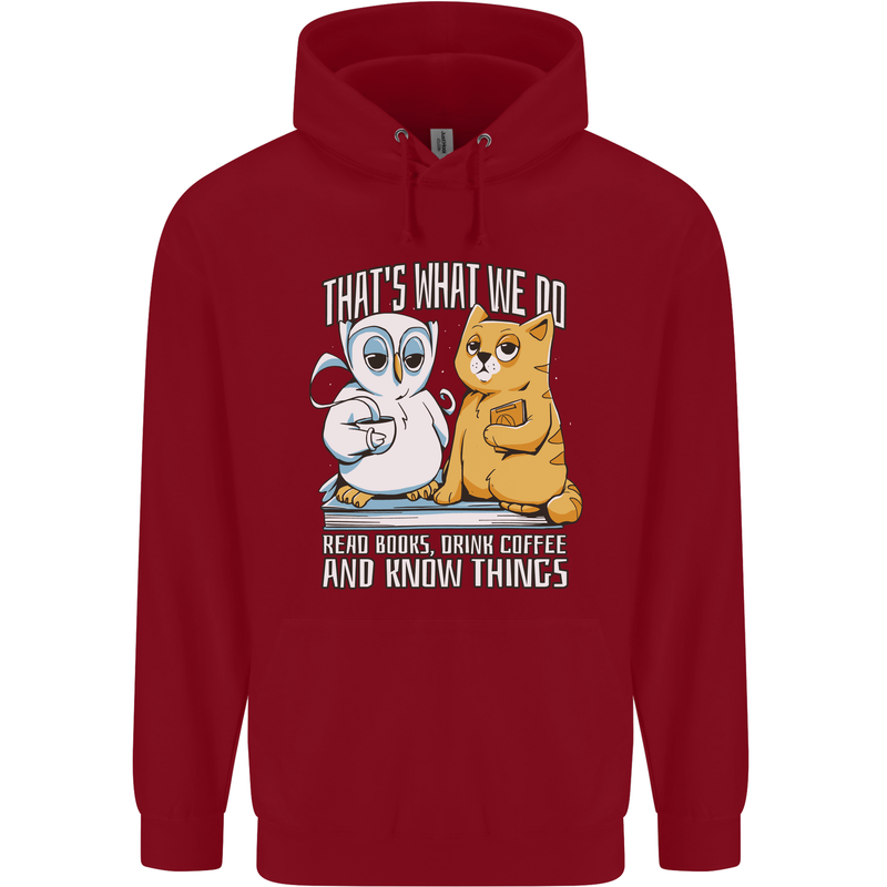 An Owl & Cat Book Reading Bibliophile Mens 80% Cotton Hoodie Red