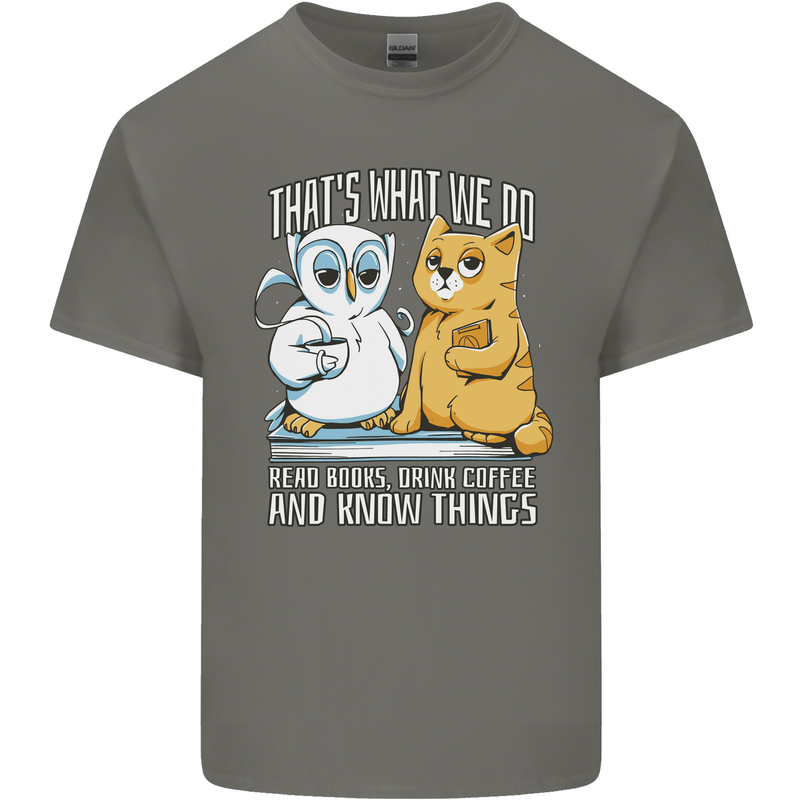 An Owl & Cat Book Reading Bibliophile Mens Cotton T-Shirt Tee Top Charcoal