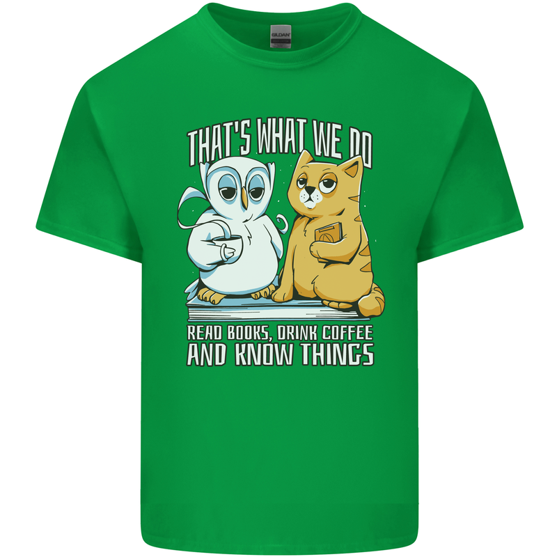 An Owl & Cat Book Reading Bibliophile Mens Cotton T-Shirt Tee Top Irish Green
