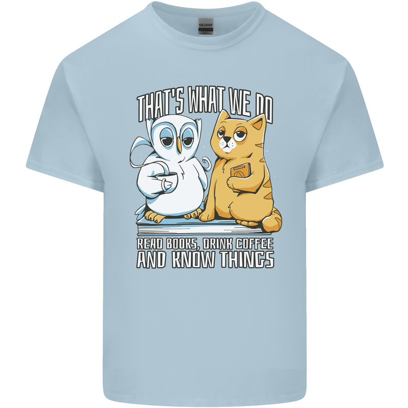 An Owl & Cat Book Reading Bibliophile Mens Cotton T-Shirt Tee Top Light Blue
