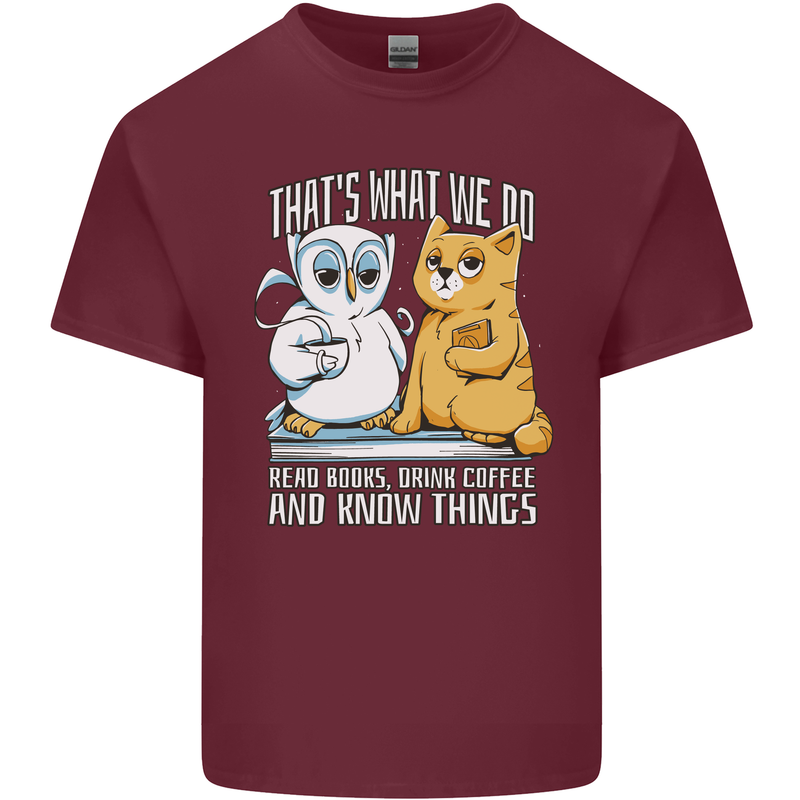 An Owl & Cat Book Reading Bibliophile Mens Cotton T-Shirt Tee Top Maroon