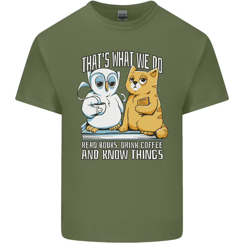An Owl & Cat Book Reading Bibliophile Mens Cotton T-Shirt Tee Top Military Green
