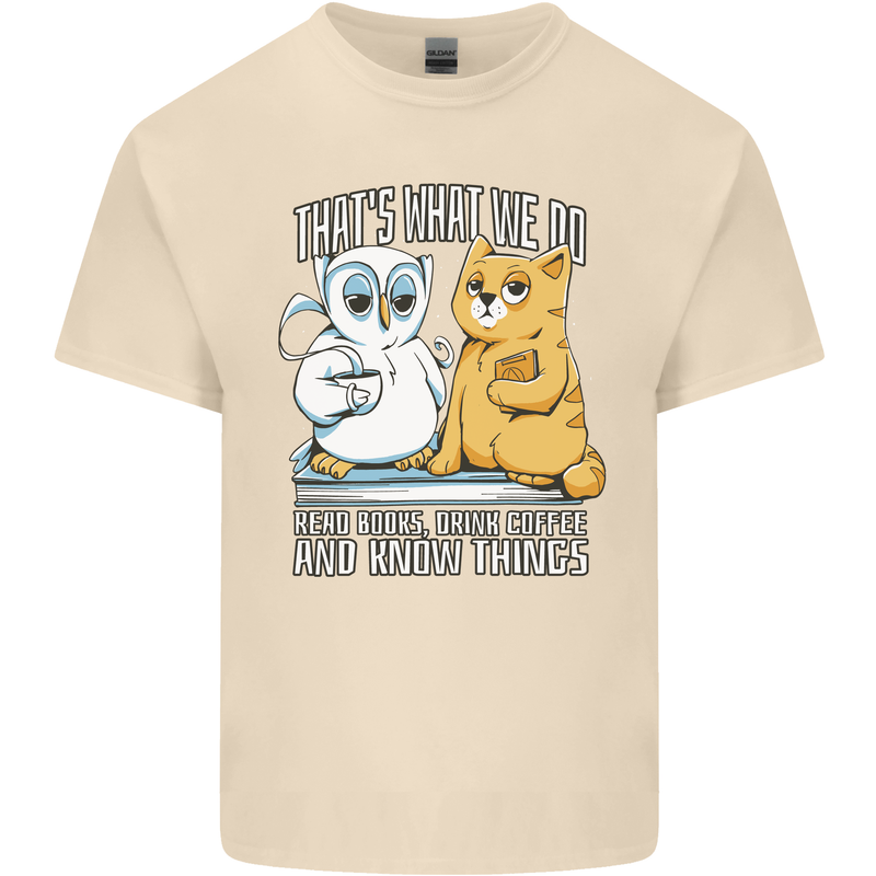 An Owl & Cat Book Reading Bibliophile Mens Cotton T-Shirt Tee Top Natural