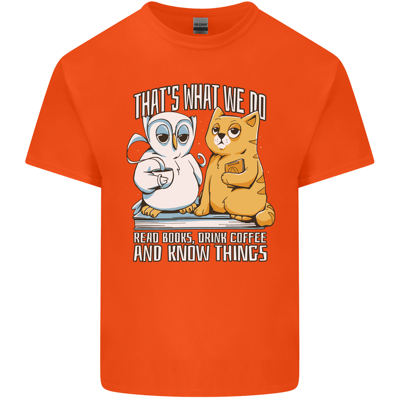 An Owl & Cat Book Reading Bibliophile Mens Cotton T-Shirt Tee Top Orange