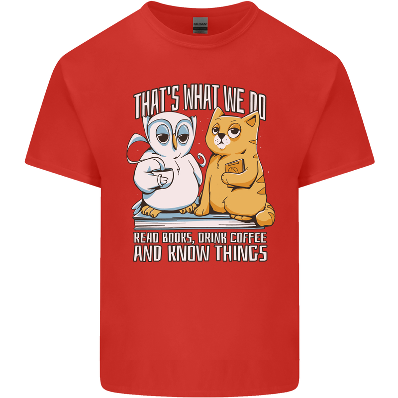 An Owl & Cat Book Reading Bibliophile Mens Cotton T-Shirt Tee Top Red