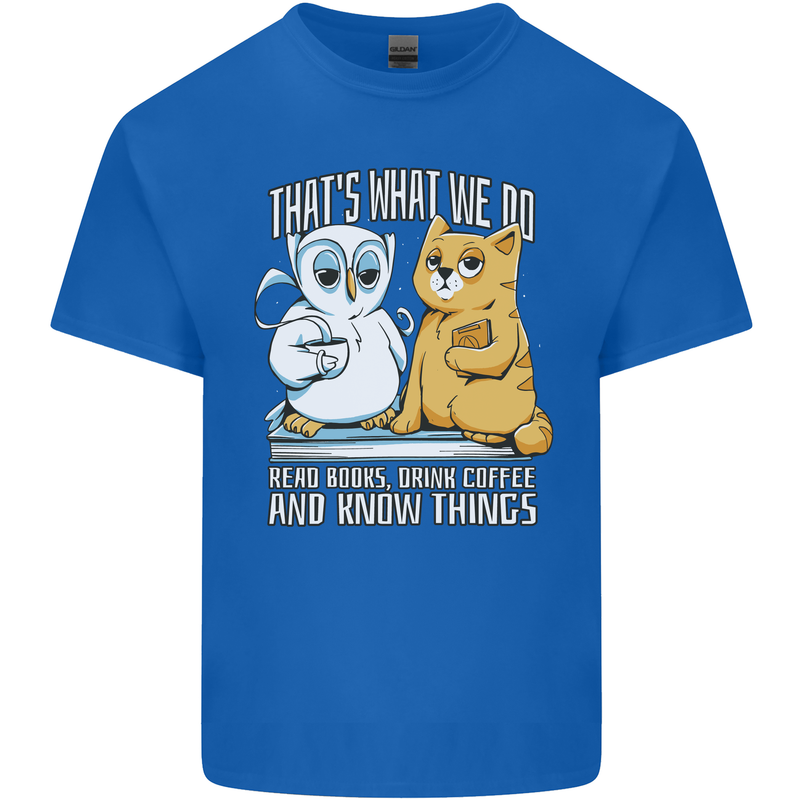 An Owl & Cat Book Reading Bibliophile Mens Cotton T-Shirt Tee Top Royal Blue